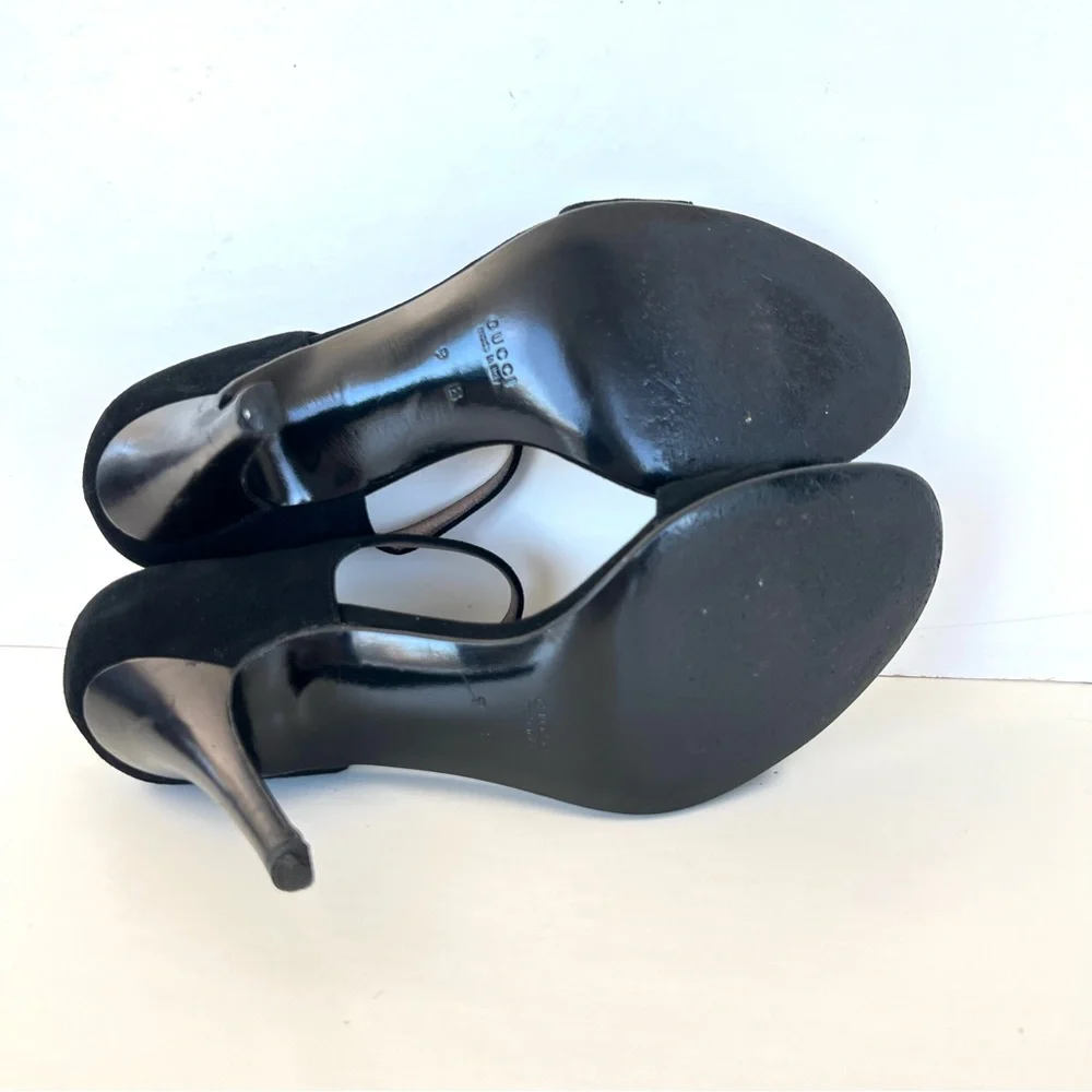 GUCCI Black Suede Interlocking Strap Closure Open Toe Classic Heel Sandal Sz 9 B